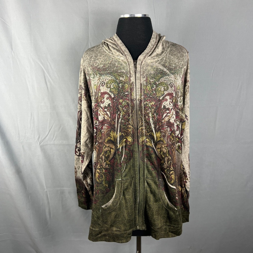 Live And Let Live Hooded Jacket Womens 1X Multicolor Floral Embellishment Zip Up